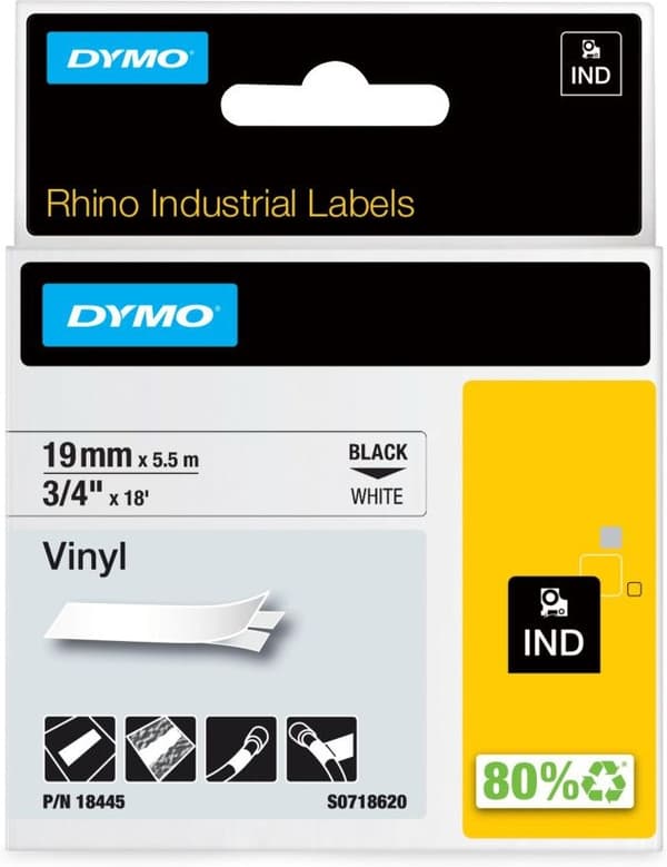 Dymo Rhino Industrial - vinyltejp 19 mm x 5,5 m, svart på vit bakgrund