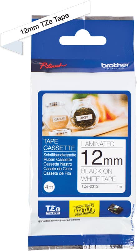 Brother TZe-231S2 - Kardborreband, 12 mm x 4 m, svart på vit bakgrund
