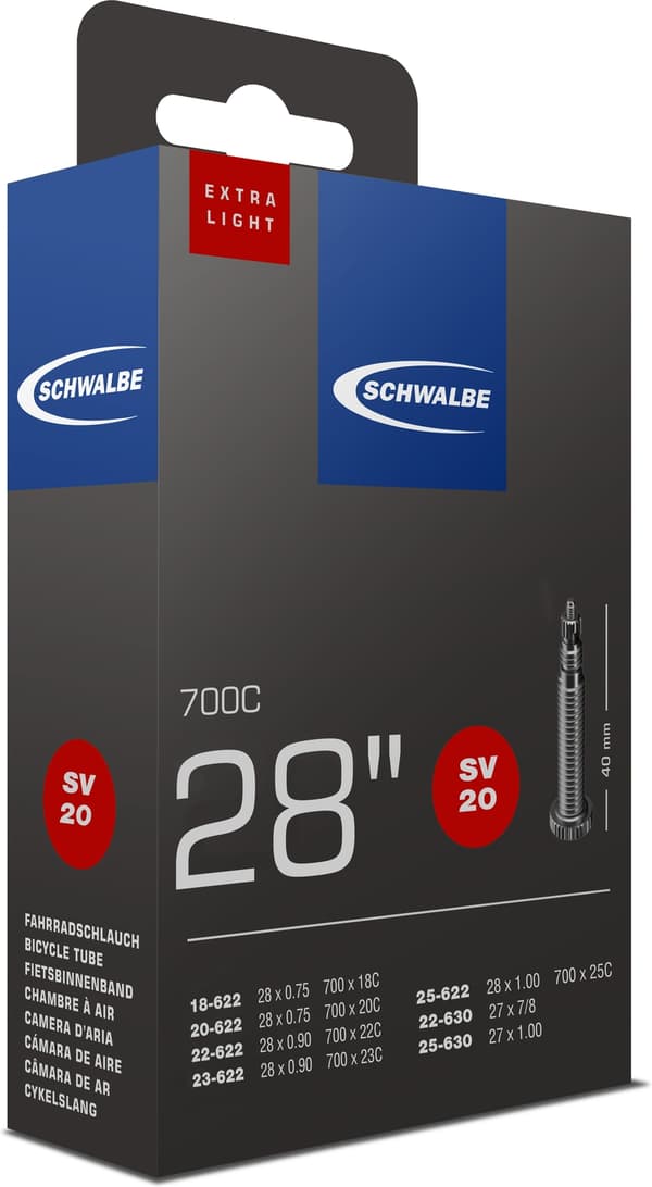 Schwalbe SV20 landsvägscykel innerslang 28", extra ljus