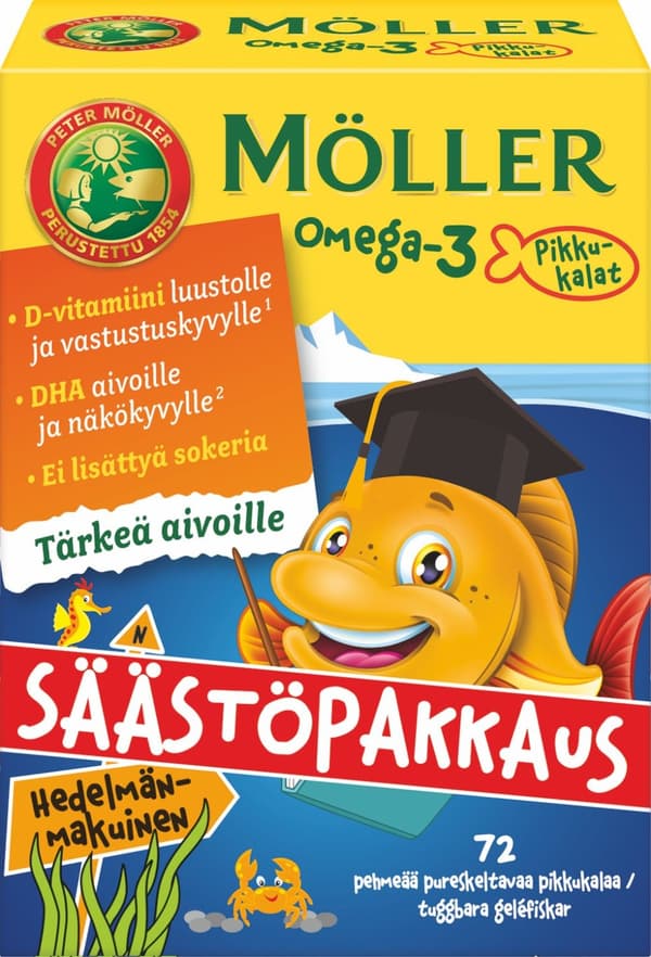 Möller Omega-3 Pikkukalat - pureskeltava kalaöljyvalmiste, jättipakkaus, 72 kaps