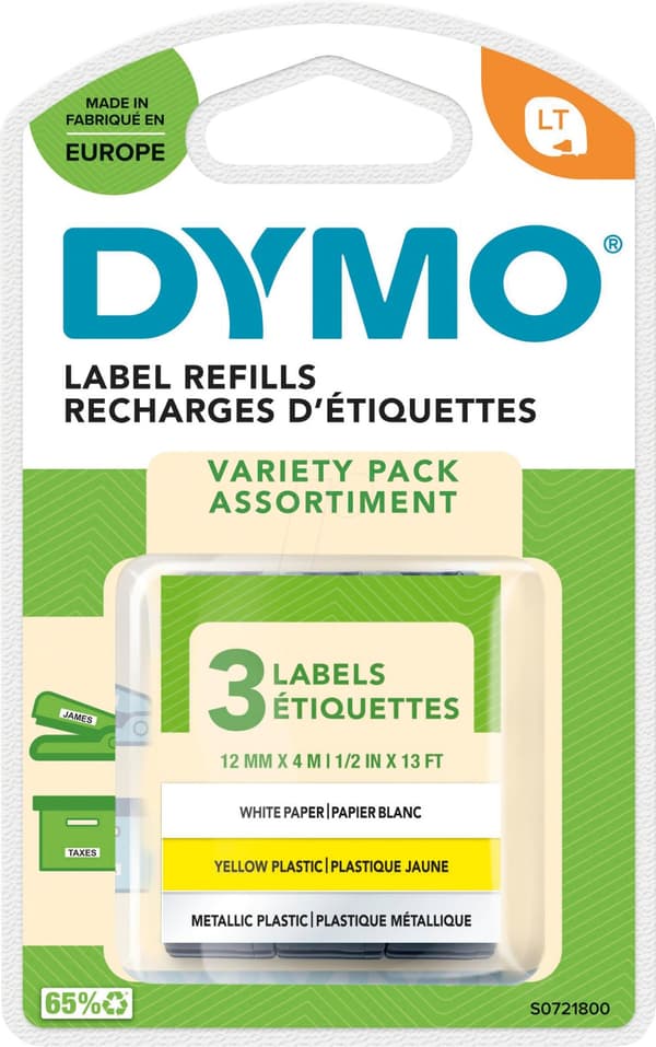 Dymo LetraTag - plast-, papir- og metallbånd, 12 mm x 4 m, 3 forskjellige bånd