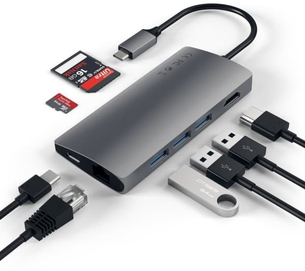Satechi USB-C Hub, 6 portar, minneskortläsare, space grey