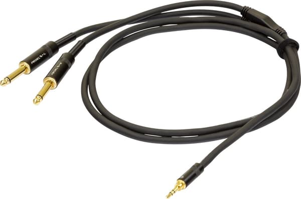 PROEL 3,5 mm stereo han - 2 x 6,3 mm mono han, 1,5 m, sort
