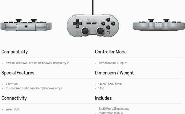 8BitDo SN30 Pro USB - spillkontroller, grå, Switch / PC