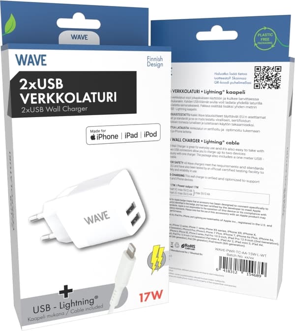Wave netoplader 2 x USB + Lightning kabel, 17W, hvid