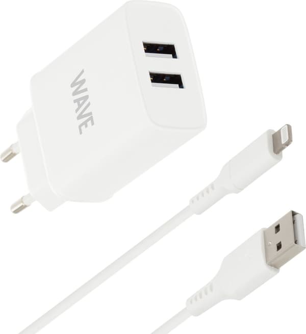 Wave netoplader 2 x USB + Lightning kabel, 17W, hvid