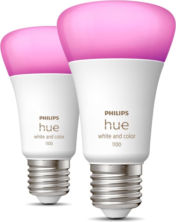 Philips Hue LED smart pære, hvid og farve stemning, E27, 1100 lm, 2-pak.