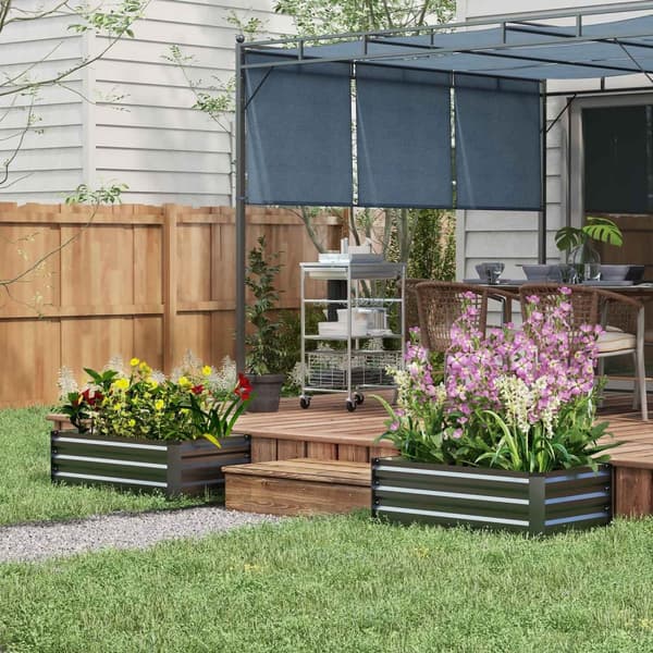 Høybed sett med 2, plantekasse, blomsterkasse, rustfri plantepotte, blomsterpotte til terrasse, balkong, galvanisert stål, mørkegrå, 100 x 60 x 30 cm
