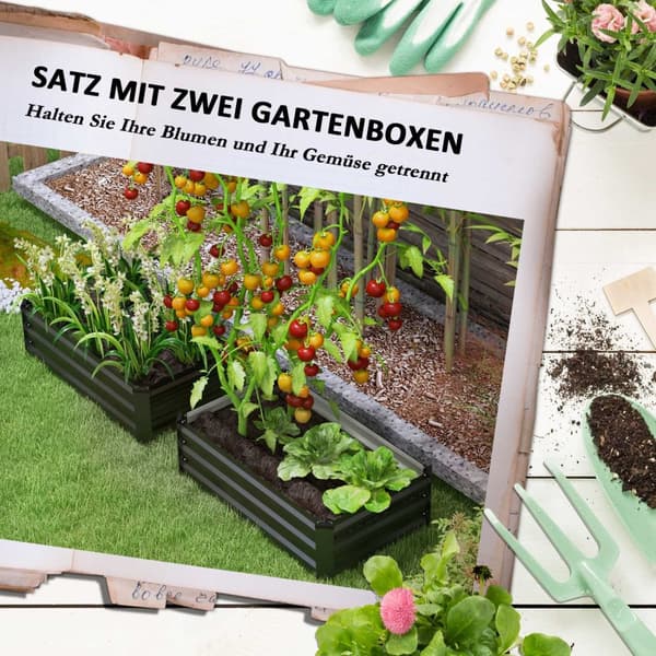 Høybed sett med 2, plantekasse, blomsterkasse, rustfri plantepotte, blomsterpotte til terrasse, balkong, galvanisert stål, mørkegrå, 100 x 60 x 30 cm