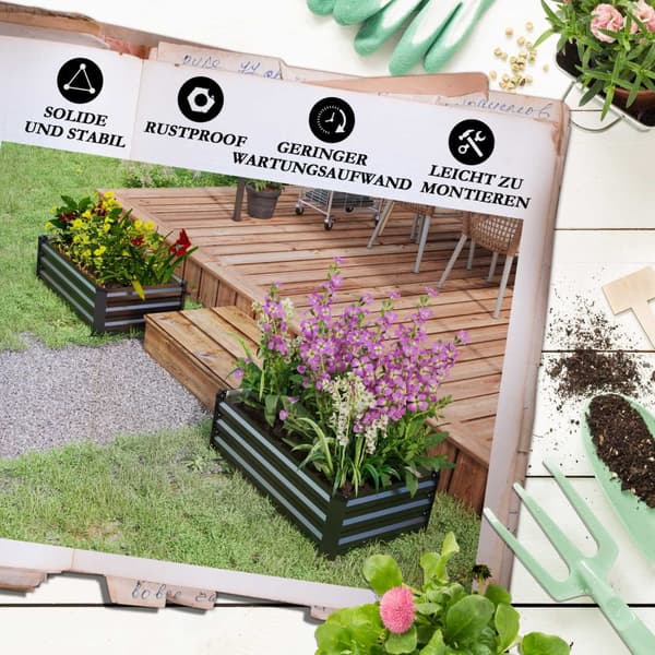 Høybed sett med 2, plantekasse, blomsterkasse, rustfri plantepotte, blomsterpotte til terrasse, balkong, galvanisert stål, mørkegrå, 100 x 60 x 30 cm