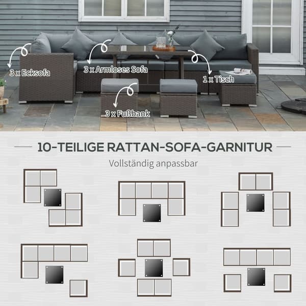 10 stk. Sittegruppe i rotting, med hjørnestoler, bord, krakker, sitte- og ryggputer, PE rotting, polyester, 120 x 68 x 73 cm, mørkegrå |