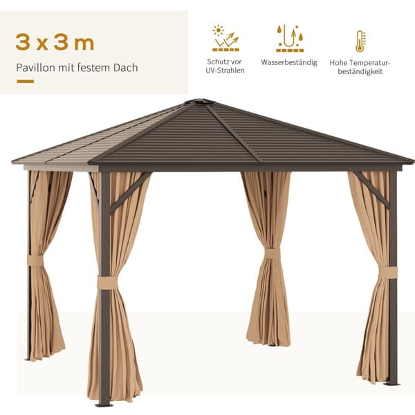 Havepavillon festtelt 4 x dobbelte sidevægge lanternekroge aluminium + polyester bronze + lysebrun ca. 3 x 3 x 2,5 m |