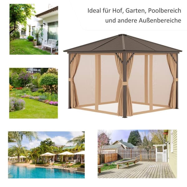 Havepavillon festtelt 4 x dobbelte sidevægge lanternekroge aluminium + polyester bronze + lysebrun ca. 3 x 3 x 2,5 m |