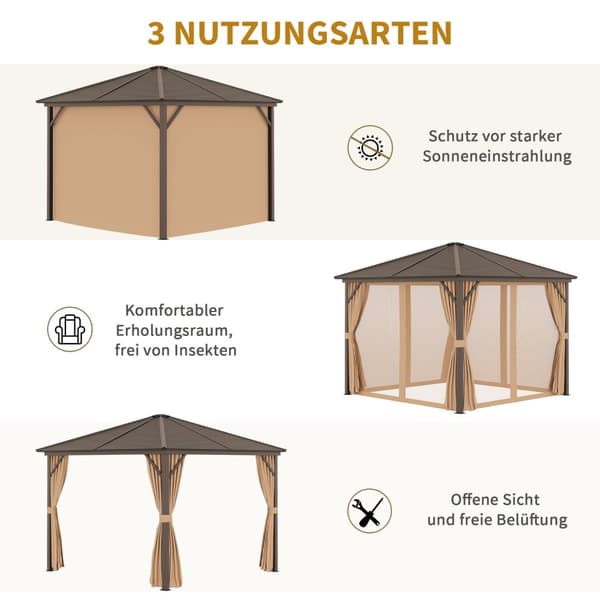 Havepavillon festtelt 4 x dobbelte sidevægge lanternekroge aluminium + polyester bronze + lysebrun ca. 3 x 3 x 2,5 m |