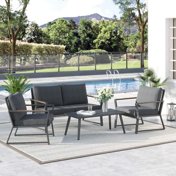 Hagemøbelsett for 4 personer, sofa med lenestol og sidebord, polyrattan & aluminium, grå, værbestandig & moderne |