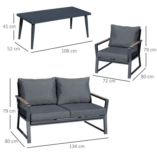 Hagemøbelsett for 4 personer, sofa med lenestol og sidebord, polyrattan & aluminium, grå, værbestandig & moderne |