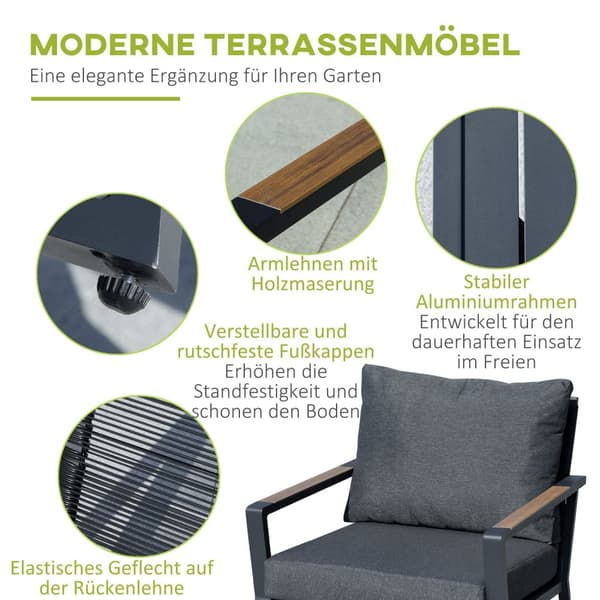 Hagemøbelsett for 4 personer, sofa med lenestol og sidebord, polyrattan & aluminium, grå, værbestandig & moderne |