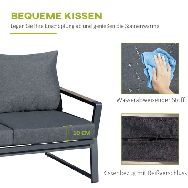 Hagemøbelsett for 4 personer, sofa med lenestol og sidebord, polyrattan & aluminium, grå, værbestandig & moderne |