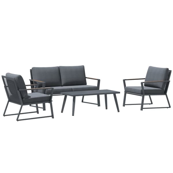 Hagemøbelsett for 4 personer, sofa med lenestol og sidebord, polyrattan & aluminium, grå, værbestandig & moderne |