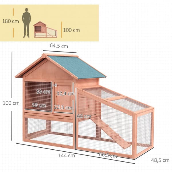 Smådyrstall smådyrbur 144 x 64,5 x 100 cm med asfalttak utendørs innhegning dobbeltetasjes grantre naturell |