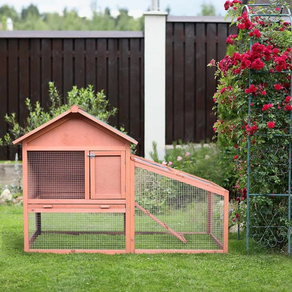 Smådyrstall smådyrbur 144 x 64,5 x 100 cm med asfalttak utendørs innhegning dobbeltetasjes grantre naturell |