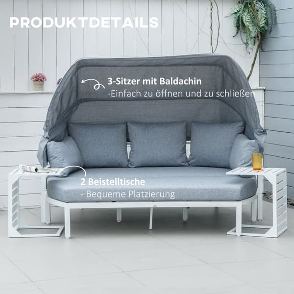 Puutarhakalusteet 5 hengelle, sivupöytä ja katto, tyynyt PP-muovia ja polyesteriä, 190/133L x 81D x 73/62K cm, valkoinen ja harmaa |