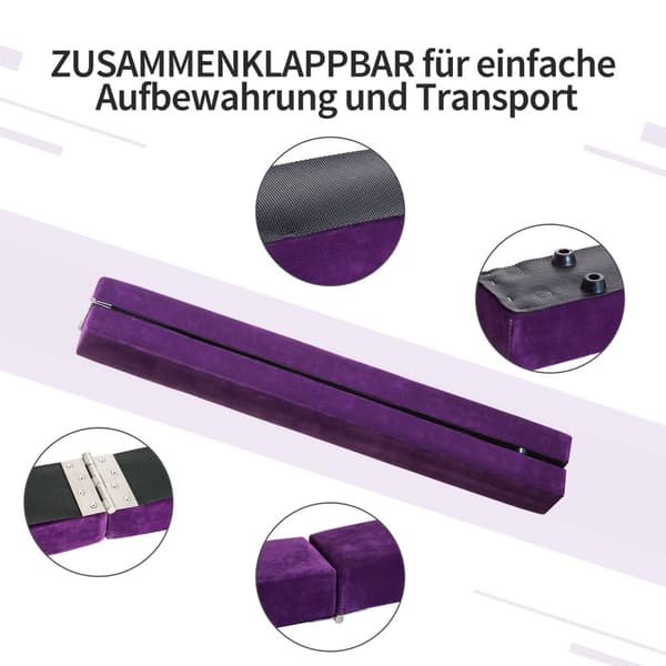 Tasapainopalkki 210 cm taitettava sisä- ja ulkokäyttöön, tasapainopalkki 120 kg asti, violetti, ihanteellinen voimisteluihin ja harjoitteluun |