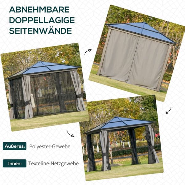 Luksus paviljong hage paviljong aluminium partytelt hagetelt med gjennomskinnelig PC tak brun + beige 300 x 360 x 265 cm |