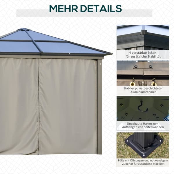 Luksus paviljong hage paviljong aluminium partytelt hagetelt med gjennomskinnelig PC tak brun + beige 300 x 360 x 265 cm |