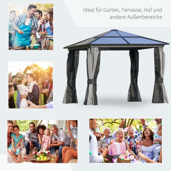 Luksus paviljong hage paviljong aluminium partytelt hagetelt med gjennomskinnelig PC tak brun + beige 300 x 360 x 265 cm |