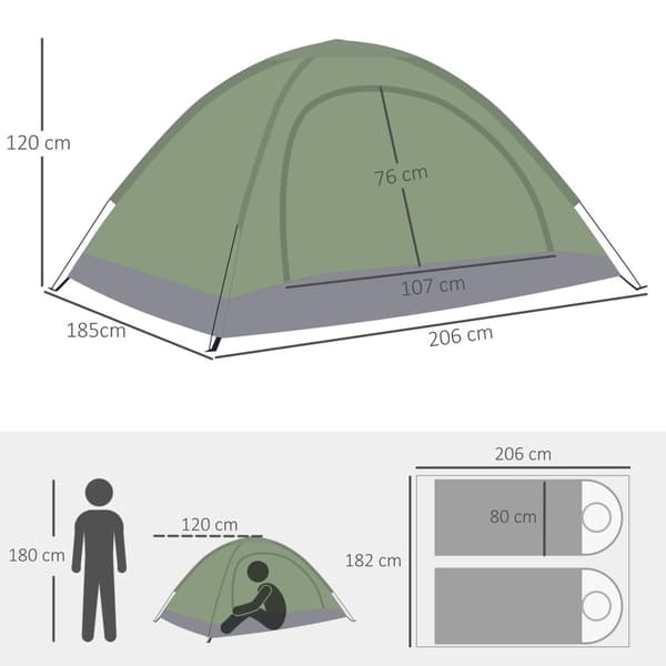 Kuppeltelt til 2 personer, letvægts, stabilt, vandtæt familietelt med dør- og vinduespakkepose, kroge, campingtelt med 2000 mm vandsøjletelt til campi