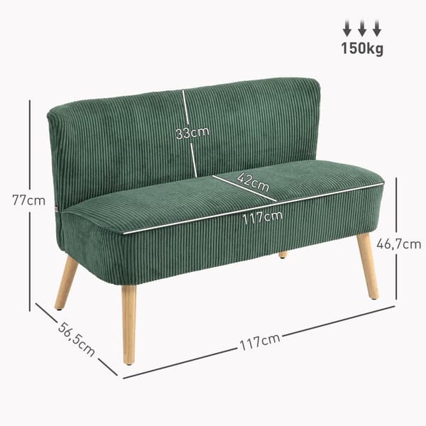 2-seters sofa, cordfløyelsofa, treben, polstret sofa, dobbelsofa for stue, soverom, 117 x 56,5 x 77 cm, Grønn |