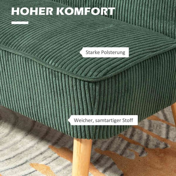 2-seters sofa, cordfløyelsofa, treben, polstret sofa, dobbelsofa for stue, soverom, 117 x 56,5 x 77 cm, Grønn |