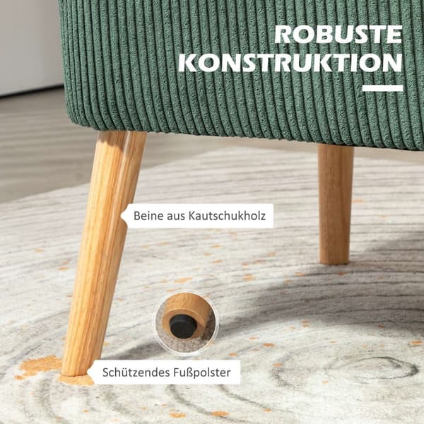 2-seters sofa, cordfløyelsofa, treben, polstret sofa, dobbelsofa for stue, soverom, 117 x 56,5 x 77 cm, Grønn |