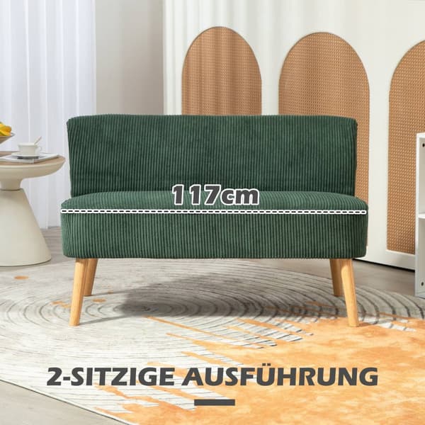 2-seters sofa, cordfløyelsofa, treben, polstret sofa, dobbelsofa for stue, soverom, 117 x 56,5 x 77 cm, Grønn |