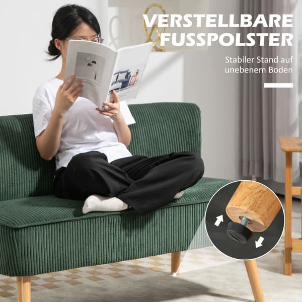 2-seters sofa, cordfløyelsofa, treben, polstret sofa, dobbelsofa for stue, soverom, 117 x 56,5 x 77 cm, Grønn |