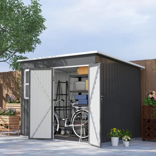 Redskapsbod 4,13 m³, hageskur, 260 x 177 x 190 cm, redskapsbod med vindu, låsbar dør, sykkelgarasje, hageskap av stål, til bakgård, hage, mørkegrå |