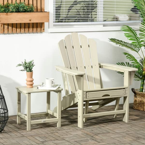 Adirondack hagestol med sidebord og fotskammel, terrassestol med armlener laget av HDPE, sandfarget for hage og balkong |