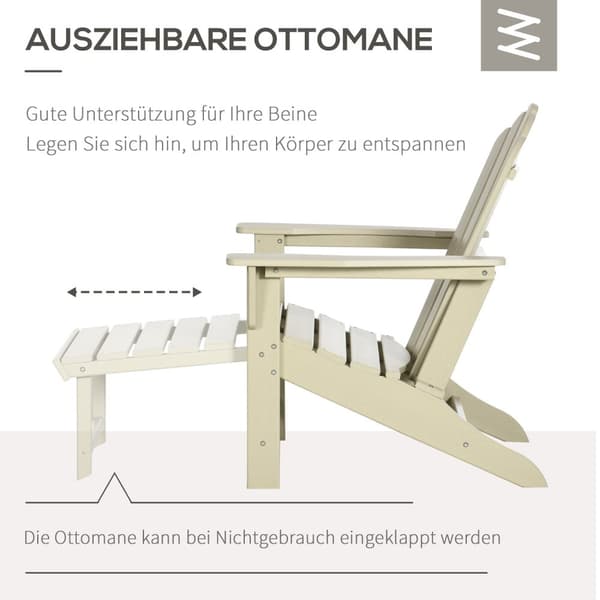 Adirondack hagestol med sidebord og fotskammel, terrassestol med armlener laget av HDPE, sandfarget for hage og balkong |