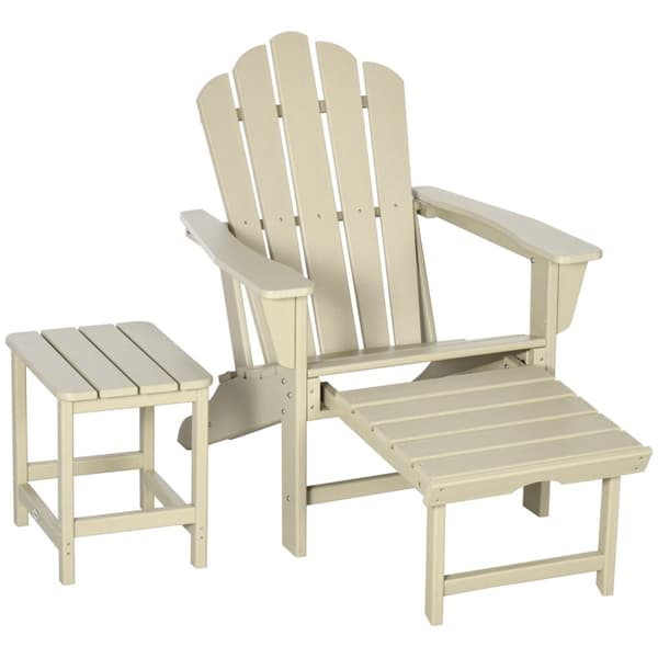 Adirondack hagestol med sidebord og fotskammel, terrassestol med armlener laget av HDPE, sandfarget for hage og balkong |