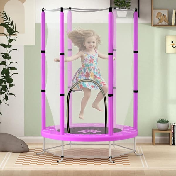 Barnetrampolin Ø140 cm, innendørs trampoline med sikkerhetsnett kantdekke gummitau, barn trampoline med dør med glidelås, skymønster, for barn 3-6 år