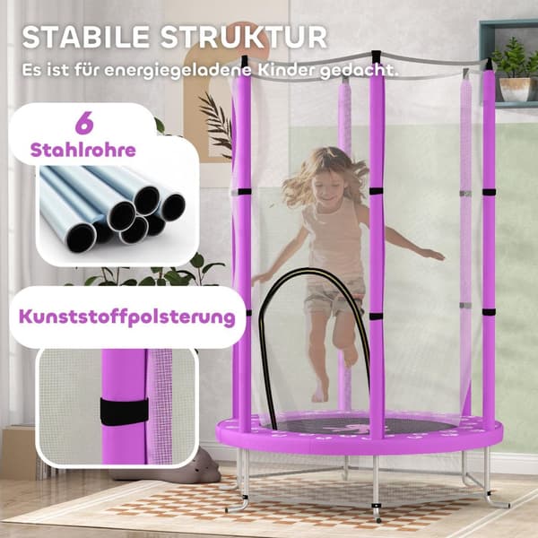 Barnetrampolin Ø140 cm, innendørs trampoline med sikkerhetsnett kantdekke gummitau, barn trampoline med dør med glidelås, skymønster, for barn 3-6 år