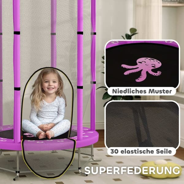 Barnetrampolin Ø140 cm, innendørs trampoline med sikkerhetsnett kantdekke gummitau, barn trampoline med dør med glidelås, skymønster, for barn 3-6 år