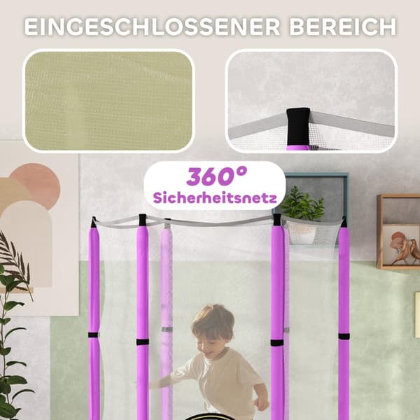 Barnetrampolin Ø140 cm, innendørs trampoline med sikkerhetsnett kantdekke gummitau, barn trampoline med dør med glidelås, skymønster, for barn 3-6 år