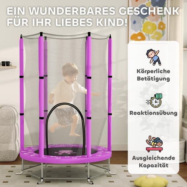 Barnetrampolin Ø140 cm, innendørs trampoline med sikkerhetsnett kantdekke gummitau, barn trampoline med dør med glidelås, skymønster, for barn 3-6 år