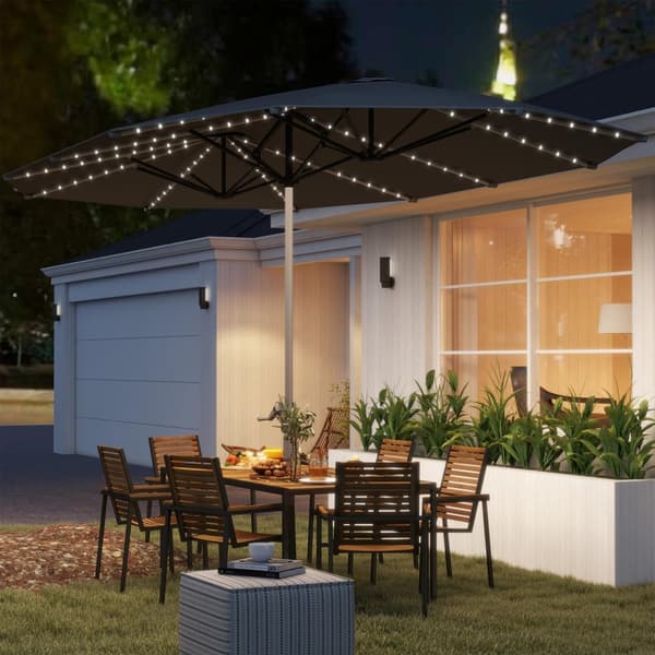 Dobbel Parasoll med Solar LED-lys 451 x 267 cm Aluminium UV 50+ Parasoll med Håndsveiv Balkong Paraply Vindtett Market Paraply Solbeskyttelse for Stra