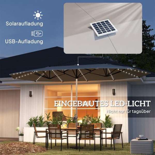 Dobbel Parasoll med Solar LED-lys 451 x 267 cm Aluminium UV 50+ Parasoll med Håndsveiv Balkong Paraply Vindtett Market Paraply Solbeskyttelse for Stra