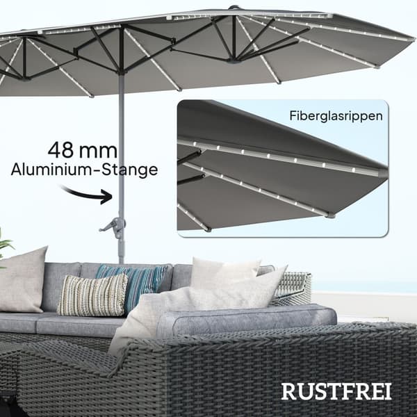 Dobbel Parasoll med Solar LED-lys 451 x 267 cm Aluminium UV 50+ Parasoll med Håndsveiv Balkong Paraply Vindtett Market Paraply Solbeskyttelse for Stra