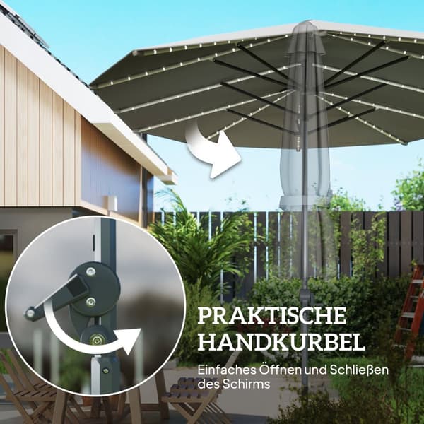 Dobbel Parasoll med Solar LED-lys 451 x 267 cm Aluminium UV 50+ Parasoll med Håndsveiv Balkong Paraply Vindtett Market Paraply Solbeskyttelse for Stra