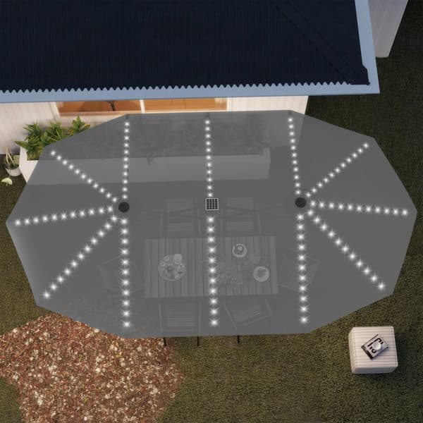 Dobbel Parasoll med Solar LED-lys 451 x 267 cm Aluminium UV 50+ Parasoll med Håndsveiv Balkong Paraply Vindtett Market Paraply Solbeskyttelse for Stra